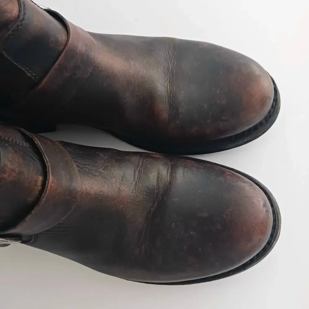 FRYE Veronica Ankle Bootie Dk Brown Distressed Leather Moto Buckle Strap 8.5 - Picture 8 of 14